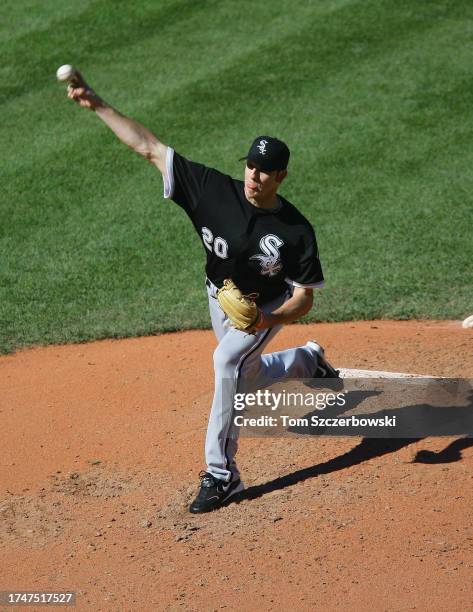 Jon Garland of the Chicago White Sox delivers a pitch in the sixth inning against the Cleveland Indians during MLB game action at Jacobs Field on...