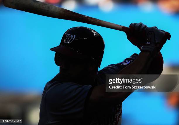 Silhouette of the batting stance of Bryce Harper of the Washington Nationals as he bats in the first inning during MLB game action against the...
