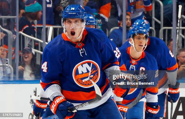 Bo Horvat of the New York Islanders celebrates his third period game tying goal against the New Jersey Devils at UBS Arena on October 20, 2023 in...