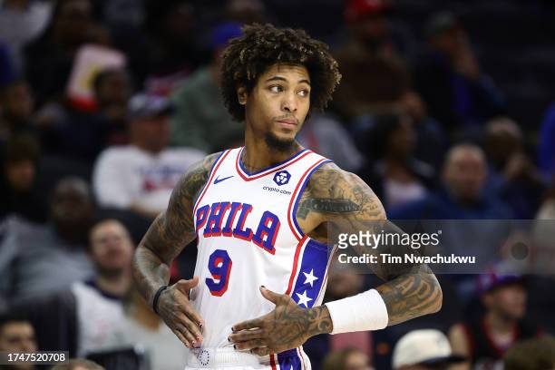 Kelly Oubre Jr. #9 of the Philadelphia 76ers looks on during the first quarter against the Atlanta Hawks at the Wells Fargo Center on October 20,...