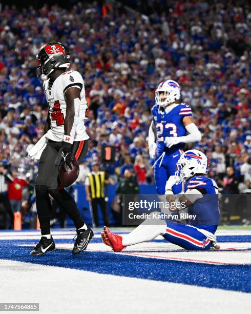 Chris Godwin of the Tampa Bay Buccaneers reacts after scoring a touchdown during the first half against the Buffalo Bills at Highmark Stadium on...