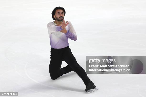 Kevin Aymoz of France skates in the Men's Short Program during the ISU Grand Prix of Figure Skating - Skate America at Credit Union of Texas Events...