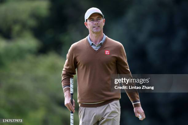 Adam Scott of Australia reacts on the 10th green during the third round of ZOZO Championship at Accordia Golf Narashino Country Club on October 21,...