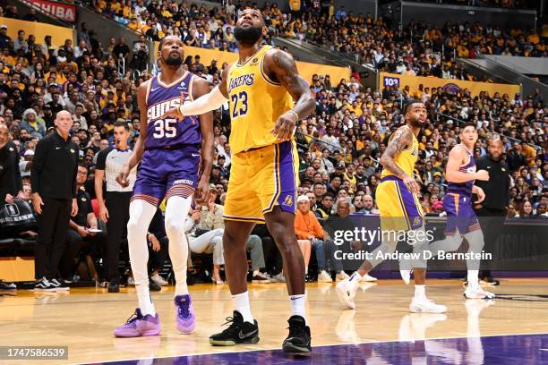 Kevin Durant of the Phoenix Suns and LeBron James of the Los Angeles Lakers waits for a rebound during the game on October 26, 2023 at Crypto.Com...