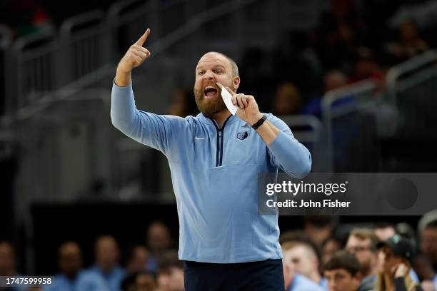 Taylor Jenkins head coach of the Memphis Grizzlies calls out a play during the first half of the preseason game against the Milwaukee Bucks at Fiserv...