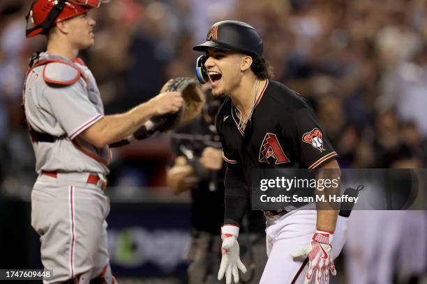 Alek Thomas of the Arizona Diamondbacks celebrates his two-run home run against the Philadelphia Phillies in the eighth inning during Game Four of...