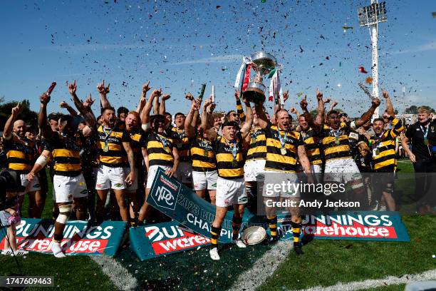 Taranaki players celebrate the Bunnings Warehouse NPC Final match between Taranaki and Hawke's Bay at Yarrow Stadium, on October 21 in New Plymouth,...