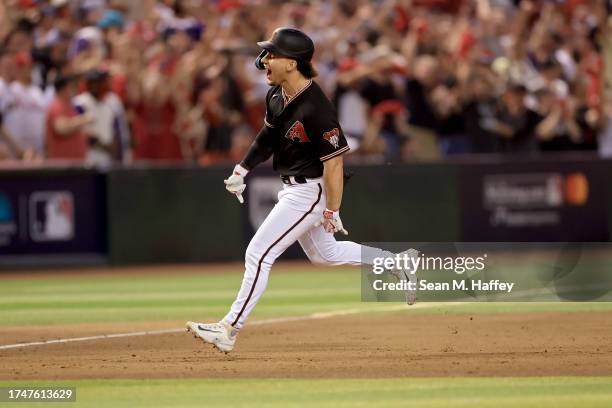 Alek Thomas of the Arizona Diamondbacks celebrates his two-run home run against the Philadelphia Phillies in the eighth inning during Game Four of...