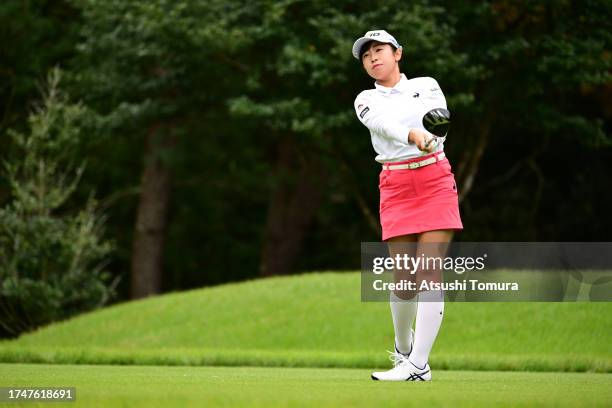 Nana Suganuma of Japan hits her tee shot on the 6th hole during the third round of NOBUTA Group Masters GC Ladies at Masters Golf Club on October 21,...