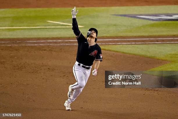 Alek Thomas of the Arizona Diamondbacks celebrates his two-run home run against the Philadelphia Phillies in the eighth inning during Game Four of...