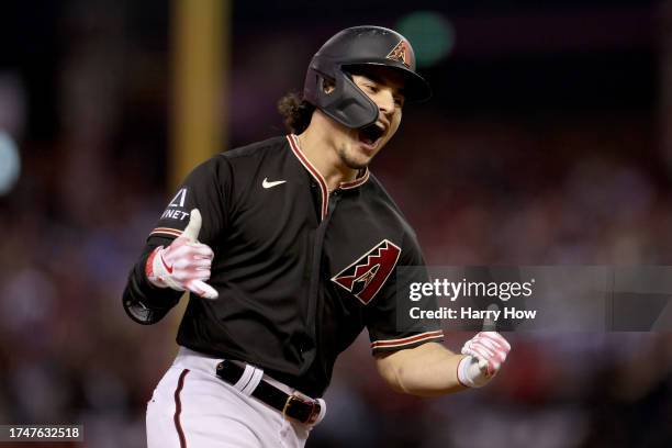 Alek Thomas of the Arizona Diamondbacks celebrates his two-run home run against the Philadelphia Phillies in the eighth inning during Game Four of...