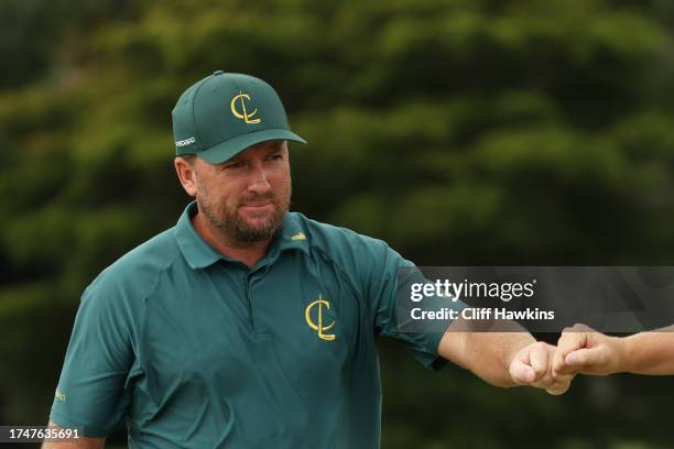 Graeme McDowell of Cleeks GC reacts on the third green during Day One of the LIV Golf Invitational - Miami at Trump National Doral Miami on October...