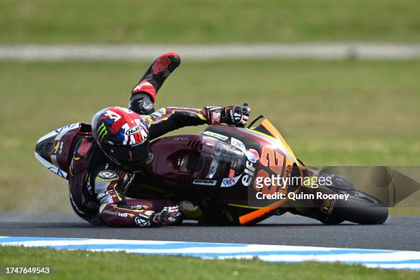 Sam Lowes of Great Britain and the Elf Marc VDS Racing Team crashes during Moto 2 Qualifying ahead of the 2023 MotoGP of Australia at Phillip Island...