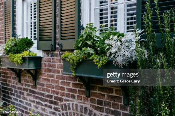 window boxes adorn house exterior - window box stock pictures, royalty-free photos & images