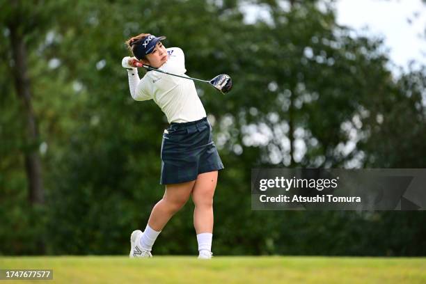 Miyuu Yamashita of Japan hits her tee shot on the 8th hole during the third round of NOBUTA Group Masters GC Ladies at Masters Golf Club on October...