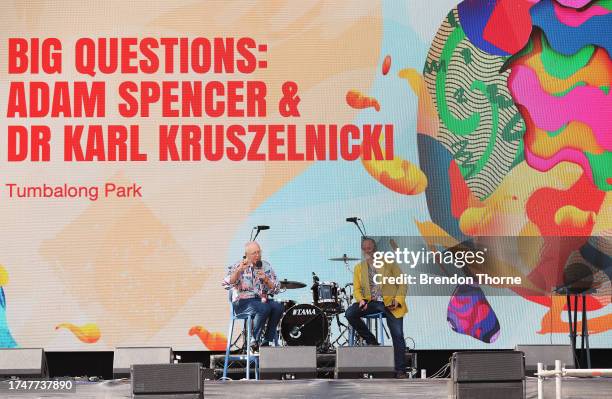 Dr Karl Kruszelnicki speaks alongside during the Adam Spencer and Dr Karl Kruszelnicki speak during the Big Questions session at SXSW Sydney on...