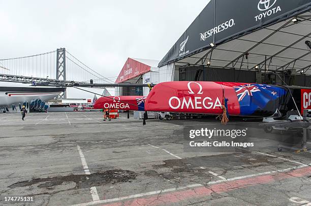 Emirates Team New Zealand base early in the morning launching their race boat and placing the wing on the boat. The Louis Vuitton Cup sailed in AC...