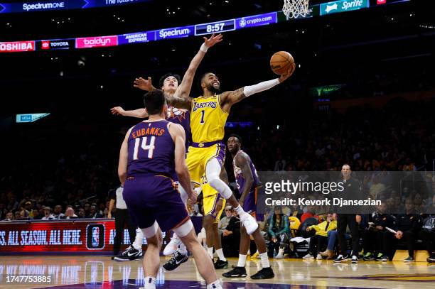 Angelo Russell of the Los Angeles Lakers scores a basket against Yuta Watanabe of the Phoenix Suns during the second half at Crypto.com Arena on...