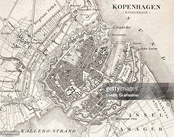 stockillustraties, clipart, cartoons en iconen met engraving antique map of kopenhagen denmark from 1851 - copenhagen