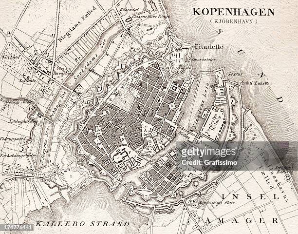 bildbanksillustrationer, clip art samt tecknat material och ikoner med engraving antique map of kopenhagen denmark from 1851 - map copenhagen