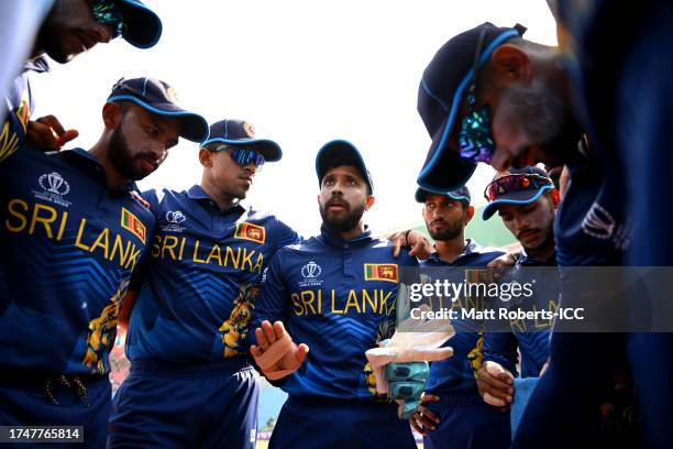 Kusal Mendis of Sri Lanka speaks in a team huddle prior to the ICC Men's Cricket World Cup India 2023 between Netherlands and Sri Lanka at BRSABVE...