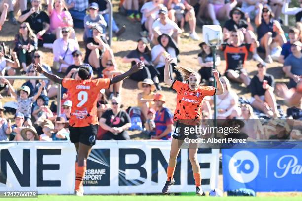 Chelsea Blissett of Brisbane celebrates scoring a goal during the A-League Women round two match between Brisbane Roar and Sydney FC at Ballymore...