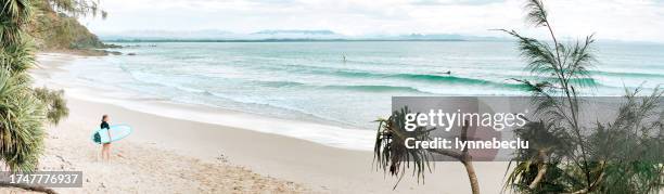 wategos beach panorama - byron bay hinterland stockfoto's en -beelden