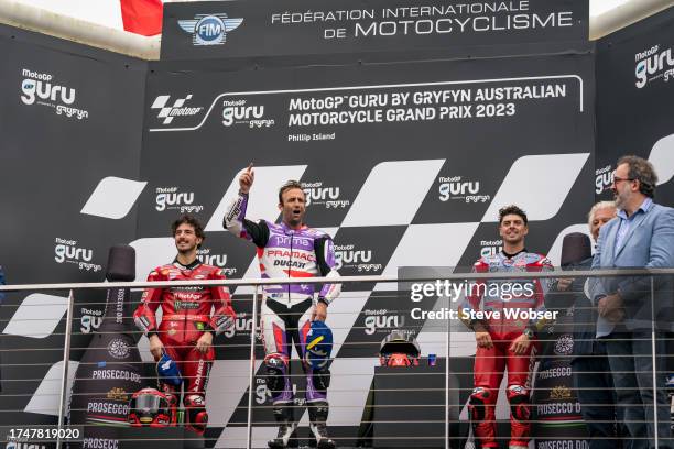 Johann Zarco of France and Prima Pramac Racings sings the French national anthem during race ahead of the 2023 MotoGP of Australia at Phillip Island...