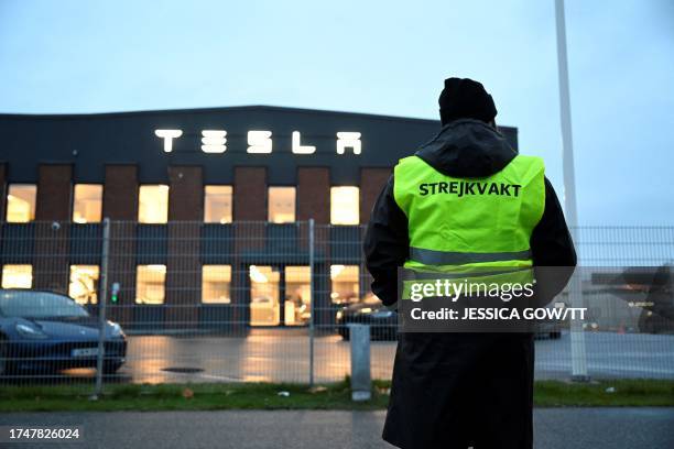 Emma Hansson, chairman of IF Metall Stockholms län stands in front of the electric car company Tesla's Service Center in Segeltorp, south of...