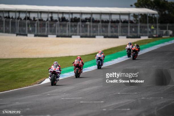 Johann Zarco of France and Prima Pramac Racing finish the race in first position followed by Francesco Bagnaia of Italy and Ducati Lenovo Team and...