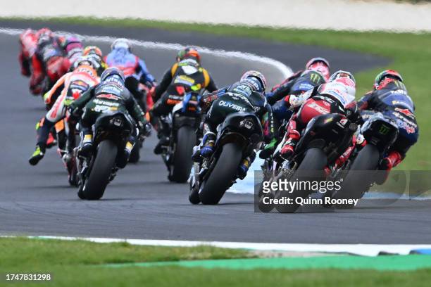 The field rounds the bend in the 2023 MotoGP of Australia at Phillip Island Grand Prix Circuit on October 21, 2023 in Phillip Island, Australia.
