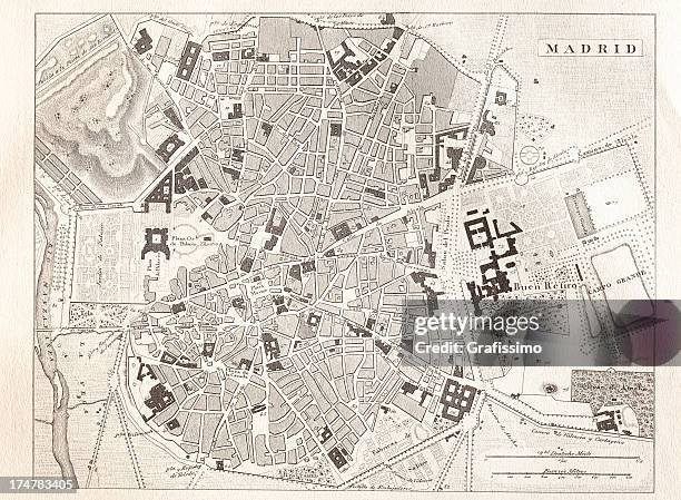 engraving antique map of madrid spain from 1851 - madrid stock illustrations