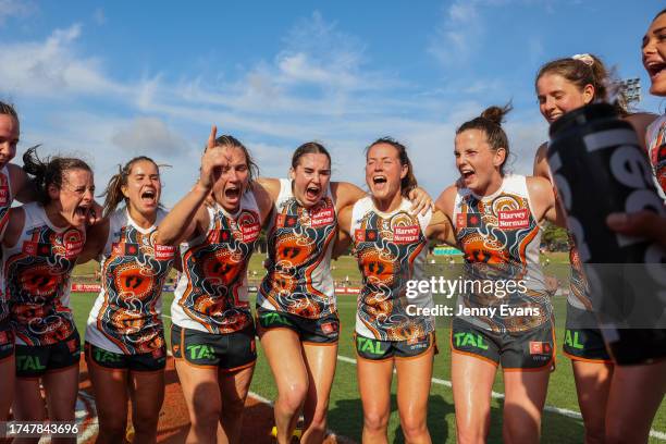 Giants celebrate victory during the round eight AFLW match between Greater Western Sydney Giants and Carlton Blues at Henson Park, on October 21 in...