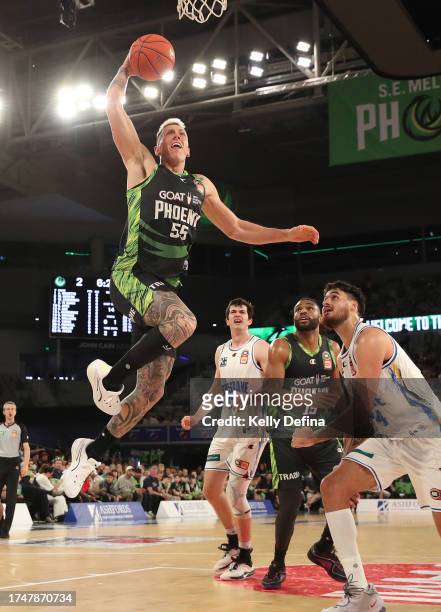 Mitchell Creek of the Phoenix dunks during the round four NBL match between South East Melbourne Phoenix and Brisbane Bullets at John Cain Arena, on...