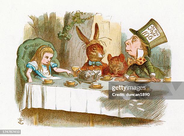 the mad hatter's tea party - alice stock illustrations