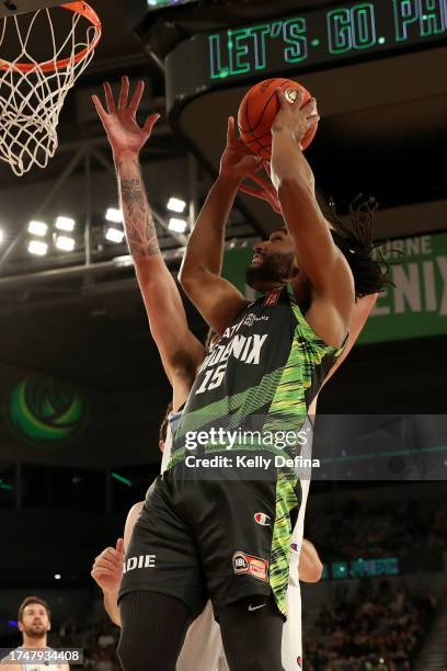 Alan Williams of the Phoenix drives to the basket during the round four NBL match between South East Melbourne Phoenix and Brisbane Bullets at John...