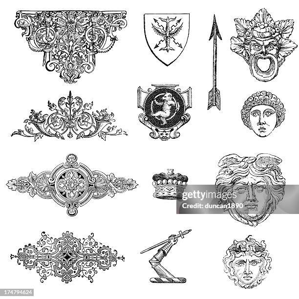 klassische retro-design-elemente - theatermaske stock-grafiken, -clipart, -cartoons und -symbole