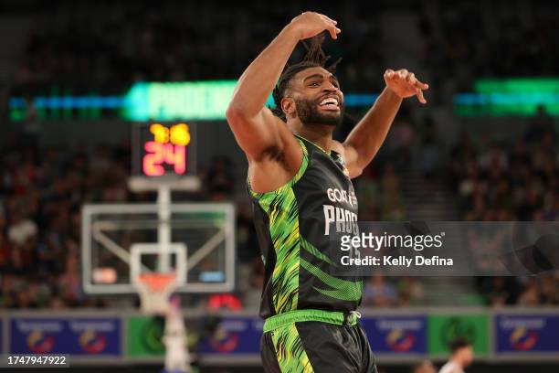 Alan Williams of the Phoenix celebrates during the round four NBL match between South East Melbourne Phoenix and Brisbane Bullets at John Cain Arena,...