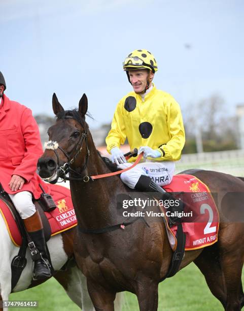 Mark Zahra riding Without A Fight after winning Race 9, the Carlton Draught Caulfield Cup, during Melbourne Racing at Caulfield Racecourse on October...