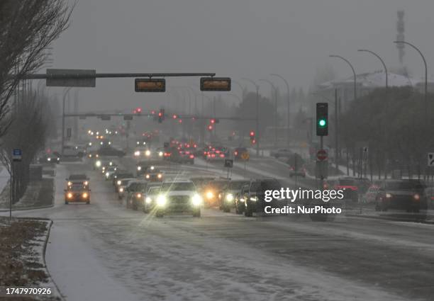 Busy traffic on Ellerslie Road this afternoon, on October 26 in Edmonton, Canada. As winter made its entrance in Edmonton area, chaos ensued with...