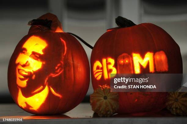 Two Halloween pumpkins carved with the help of stencils found on the web site "www.yeswecarve.com" October 24, 2008 are displayed at an apartment in...