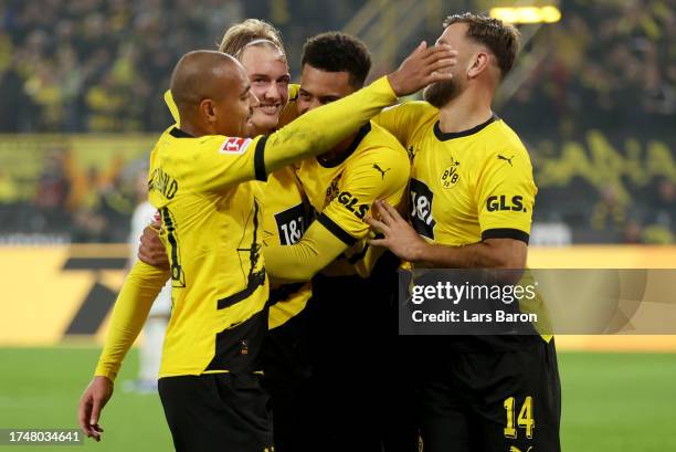 Julian Brandt of Borussia Dortmund celebrates after scoring his teams first goal during the Bundesliga match between Borussia Dortmund and SV Werder...