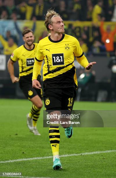 Julian Brandt of Borussia Dortmund celebrates after scoring his teams first goal during the Bundesliga match between Borussia Dortmund and SV Werder...