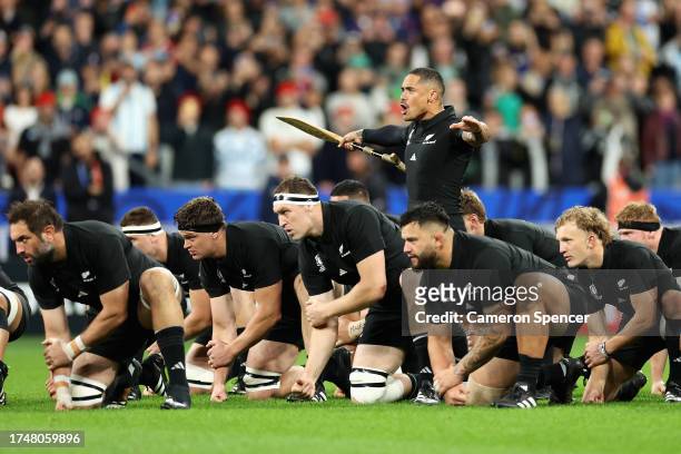 Aaron Smith of the All Blacks leads the Haka during the Rugby World Cup France 2023 semi-final match between Argentina and New Zealand at Stade de...
