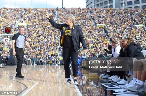 Head coach Lisa Bluder of the Iowa Hawkeyes in the second half against the DePaul Blue Demons at Kinnick Stadium during the Crossover at Kinnick...