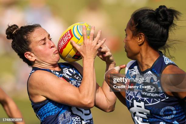 Harriet Cordner of the Blues competes for the ball during the round eight AFLW match between Greater Western Sydney Giants and Carlton Blues at...