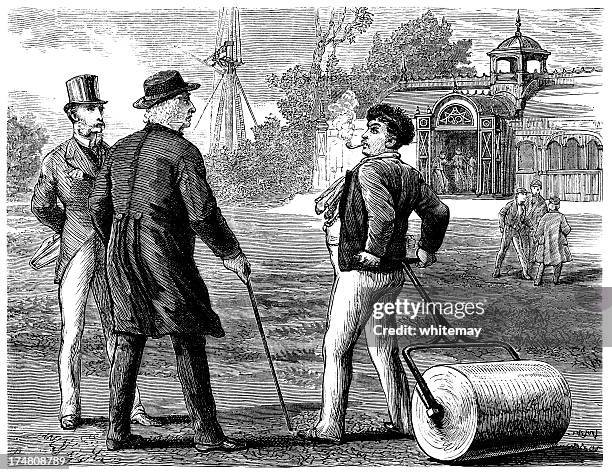 gardener with a grass roller - grounds crew stock illustrations