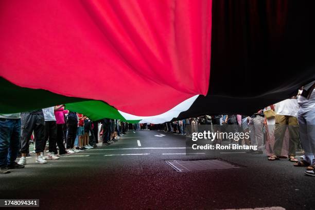 Pro-Palestinian demonstrators hold a large flag of Palestine as they march toward Belmore Park during a protest on October 21, 2023 in Sydney,...