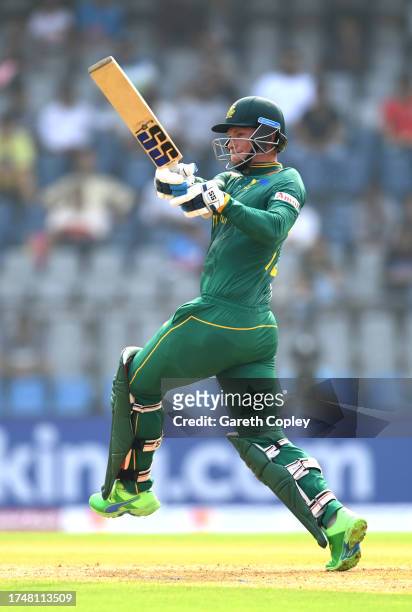 Rassie van der Dussen of South Africa bats during the ICC Men's Cricket World Cup India 2023 match between England and South Africa at Wankhede...