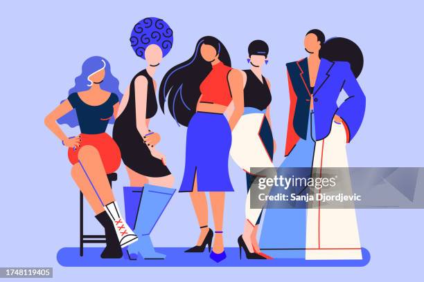 group portrait of woman's fashion models - woman studio shot stock illustrations